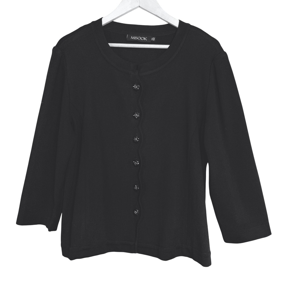 Misook Black Knit Cardigan XL Crystal Flower Button 3/4 Sleeve Wrinkle Resistant